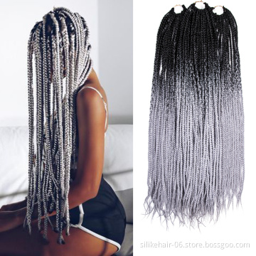 High Quality Ombre Grey 24 inch 24 Roots/pack Heat Resistant Fiber Bulk Box Braid Crochet Synthetic Braiding Hair Extensions